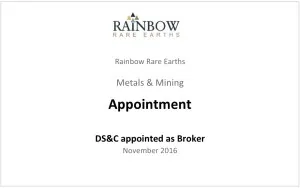 Rainbow Rare Earths - DS&C Appointed as Broker